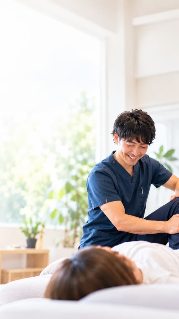 明るい部屋で患者の膝を施術する理学療法士