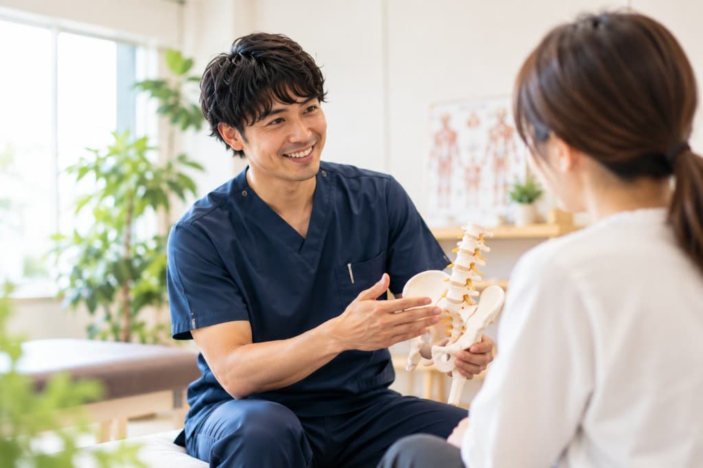 骨盤模型を示しながら顧客に説明する専門職