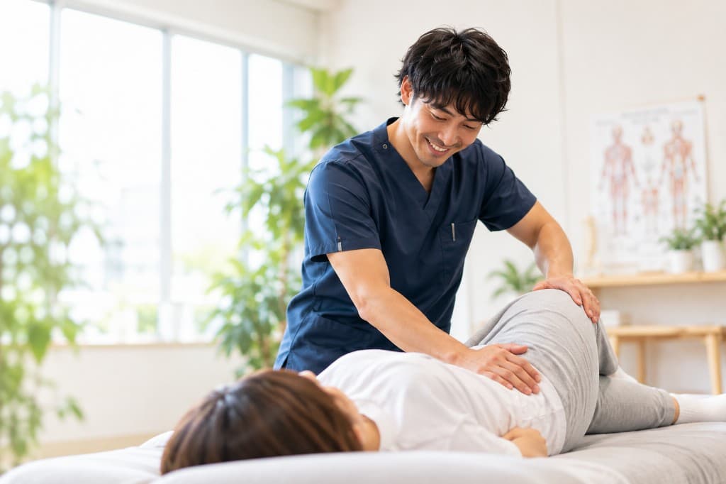 仰向けの患者の脚を施術する男性専門職